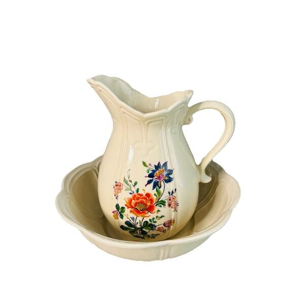 McCoy White Ironstone Pitcher Bowl # 7529 Ribbed & Flower Design Vintage USA - Picture 1 of 14